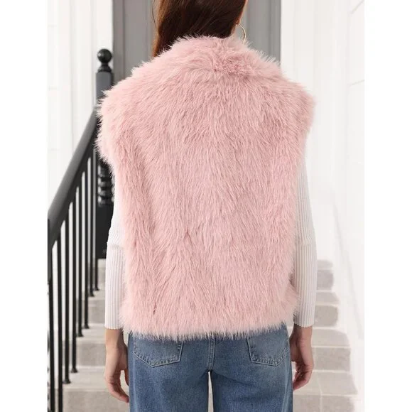 Women's Pink Faux Fur Vest Lapel Collar Sleeveless Furry Jacket Shaggy Warm - Picture 5 of 7
